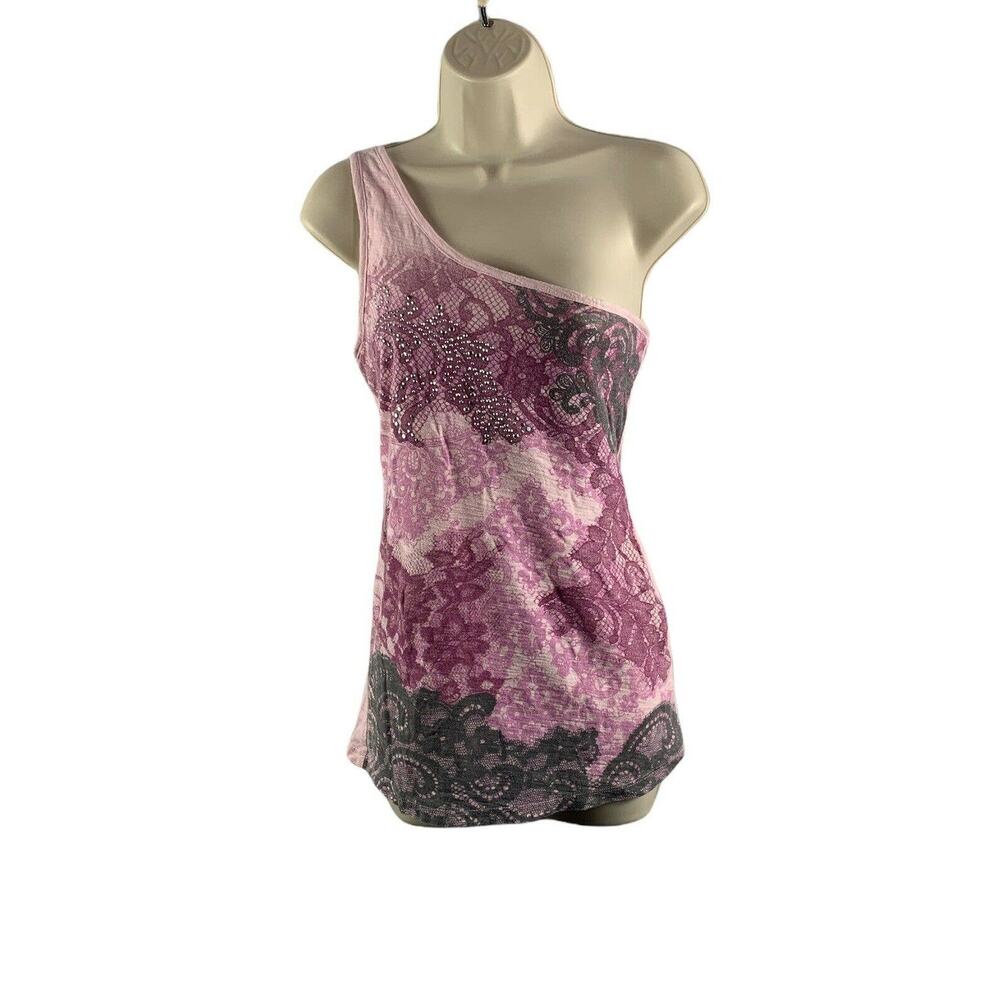 Vanity Women's One Shoulder Top Size Medium Sleeveless Stretch Pink Embellished